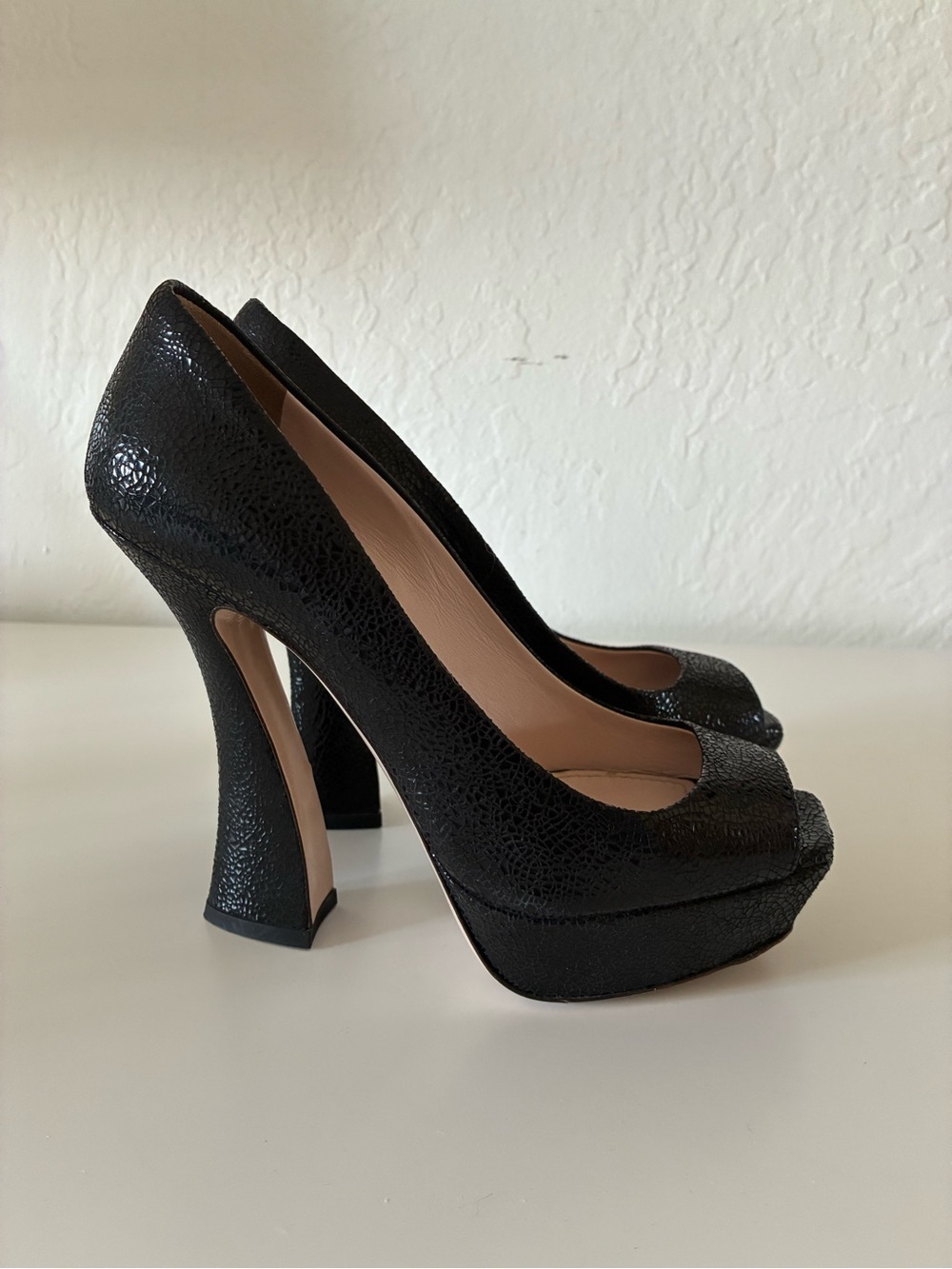 Miu Miu Black Textured Leather Peep Toe Platform Heels 36